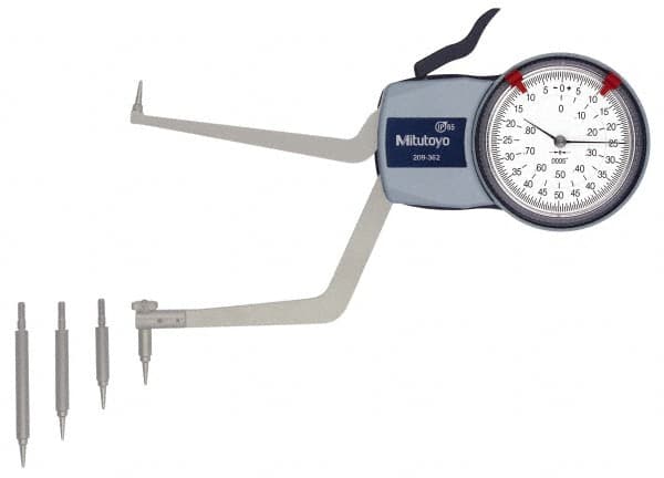 Mitutoyo - 3.6 to 5.6" Inside Dial Caliper Gage - 0.0005" Graduation, 0.0015" Accuracy, 3.3" Leg Length, 0.31" Deep x 0.06" Wide Groove, Ball Contact Points - Caliber Tooling