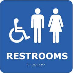 NMC - Restrooms, 8" Wide x 8" High, Plastic Sign - English, Braille, White on Blue, Wall Mount - Caliber Tooling