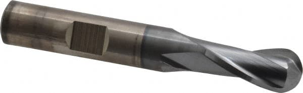 Cleveland - 3/8" Diam, 3/4" LOC, 2 Flute Cobalt Ball End Mill - TiCN Finish, Single End, 2-1/2" OAL, 3/8" Shank Diam, Spiral Flute - Caliber Tooling