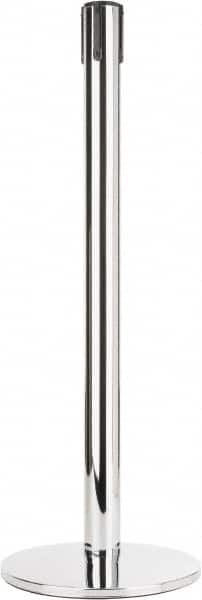 Tensator - 38" High, 2-1/2" Pole Diam, Tensabarrier Post - 14" Base Diam, Round Heavy Gauge Steel Base, Polished Chrome (Color) Steel Post, Tape, Single Line Tape - Caliber Tooling