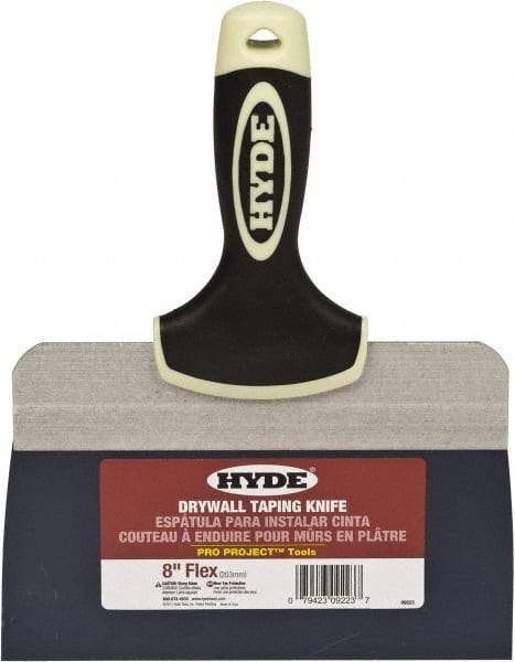 Hyde Tools - 8" Wide Spring Blade Tempered Steel Taping Knife - Flexible, Soft Grip Plastic Overmold Handle, 10-1/2" OAL - Caliber Tooling