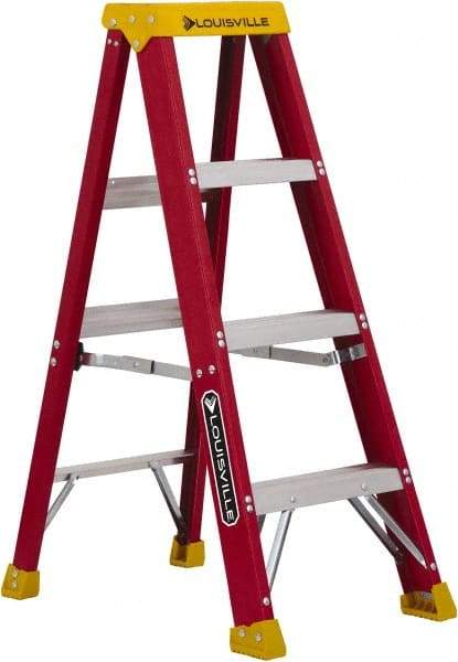 Louisville - 3 Steps, 4' High, Type IA Rating, Fiberglass Step Ladder - 300 Lb Capacity, 18-13/16" Base Width - Caliber Tooling