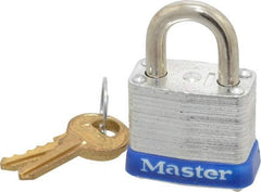 Master Lock - 9/16" Shackle Clearance, Keyed Different Padlock - 1/2" Shackle Width, 3/16" Shackle Diam, Brass - Caliber Tooling