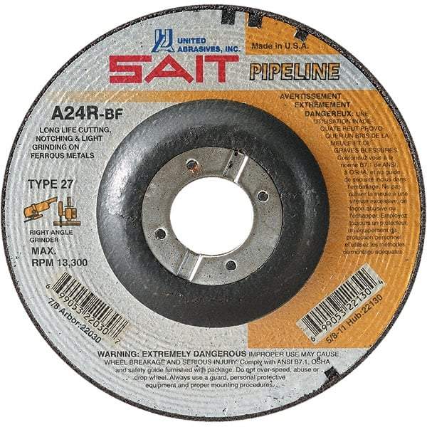 Sait - 24 Grit, 9" Wheel Diam, 1/8" Wheel Thickness, 7/8" Arbor Hole, Type 27 Depressed Center Wheel - Aluminum Oxide, Resinoid Bond, R Hardness, 6,600 Max RPM, Compatible with Angle Grinder - Caliber Tooling