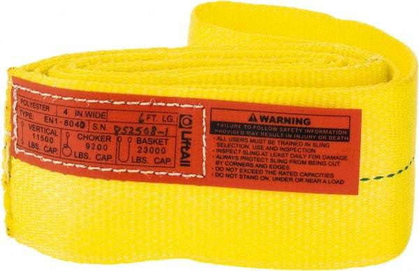 Lift-All - 6' Long x 4" Wide, 11,500 Lb Vertical Capacity, 1 Ply, Polyester Web Sling - 9,200 Lb Choker Capacity, Yellow - Caliber Tooling