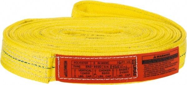 Lift-All - 16' Long x 2" Wide, 12,200 Lb Vertical Capacity, 2 Ply, Polyester Web Sling - 9,800 Lb Choker Capacity, Yellow - Caliber Tooling