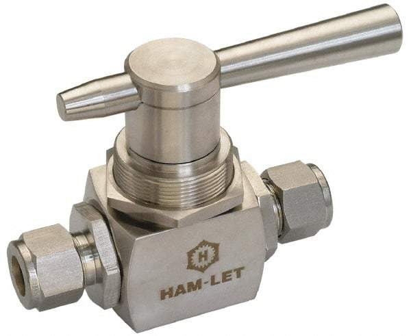 Ham-Let - 1/8" Pipe, Stainless Steel, Inline, Two Way Flow, Instrumentation Ball Valve - 3,000 psi WOG Rating, Tee Handle, PTFE Seal, PTFE Seat, Swaglok SS-41S2 - Caliber Tooling