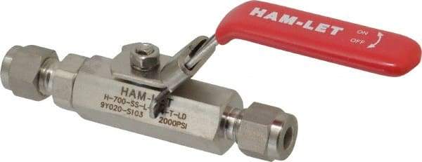 Ham-Let - 1/4" Pipe, Compression x Compression End Connections, Stainless Steel, Inline, Two Way Flow, Instrumentation Ball Valve - 2,000 psi WOG Rating, Locking Lever Handle, Reinforced PTFE Seal, Reinforced PTFE Seat - Caliber Tooling