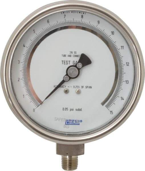 Wika - 4" Dial, 1/4 Thread, 0-15 Scale Range, Pressure Gauge - Lower Connection Mount, Accurate to 0.25% of Scale - Caliber Tooling