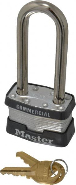 Master Lock - 2-1/2" Shackle Clearance, Keyed Different Padlock - 3/4" Shackle Width, 5/16" Shackle Diam, Laminated Steel - Caliber Tooling