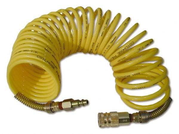 Coilhose Pneumatics - 3/8" ID, 3/8 Thread, 12' Long, Yellow Nylon Coiled & Self Storing Hose - 165 Max psi, Industrial Interchange Coupler x Male Swivel - Caliber Tooling