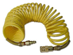 Coilhose Pneumatics - 3/8" ID, 3/8 Thread, 50' Long, Yellow Nylon Coiled & Self Storing Hose - 165 Max psi, Industrial Interchange Coupler x Male Swivel - Caliber Tooling