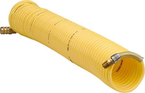 Coilhose Pneumatics - 1/4" ID, 1/4 Thread, 50' Long, Yellow Nylon Coiled & Self Storing Hose - 185 Max psi, Industrial Interchange Coupler x Male Swivel - Caliber Tooling