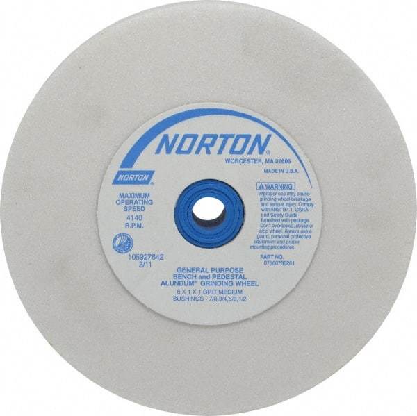 Norton - 60 Grit Aluminum Oxide Bench & Pedestal Grinding Wheel - 6" Diam x 1" Hole x 1" Thick, 4140 Max RPM, J Hardness, Medium Grade , Vitrified Bond - Caliber Tooling