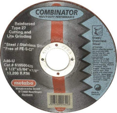 Metabo - 4-1/2" Zirconia Alumina Cutoff Wheel - 5/64" Thick, 7/8" Arbor, Use with Angle Grinders - Caliber Tooling