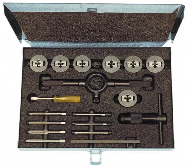 Cle-Line - 1/8-27 to 1/2-20 Tap, 1/8-27 to 1/2-20 Die, NPT, UNC, UNF, Tap and Die Set - Plug Taps, Adjustable, 25 Piece Set - Exact Industrial Supply