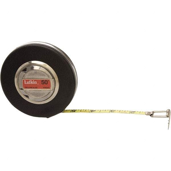 Lufkin - 50' x 3/8" Yellow Steel Blade Tape Measure - 1/10 & 1/100" Graduation, Black Steel Case - Caliber Tooling