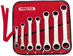 Proto - 7 Piece, 7mm to 21mm, 6, 12 Point Ratcheting Box Wrench Set - Metric Measurement Standard, Chrome Finish, Comes in Pouch - Caliber Tooling