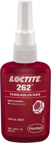 Loctite - 50 mL Bottle, Red, High Strength Liquid Threadlocker - Series 262, 24 hr Full Cure Time, Hand Tool, Heat Removal - Caliber Tooling