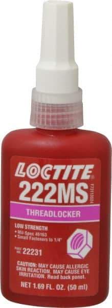 Loctite - 50 mL Bottle, Purple, Low Strength Liquid Threadlocker - Series 222MS, 24 hr Full Cure Time, Hand Tool, Heat Removal - Caliber Tooling