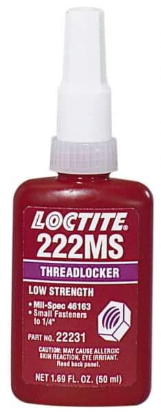 Loctite - 250 mL Bottle, Purple, Low Strength Liquid Threadlocker - Series 222MS, 24 hr Full Cure Time, Hand Tool, Heat Removal - Caliber Tooling