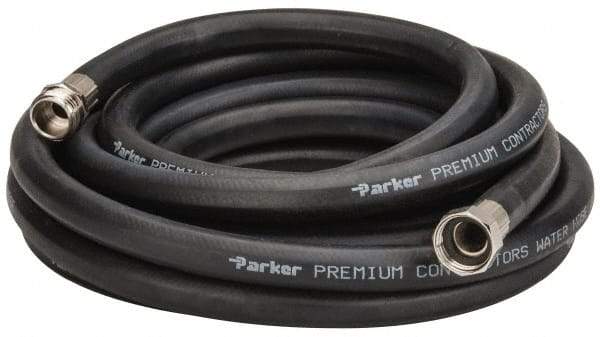 Parker - 25' Long Water Hose - 5/8" Diam, 3/4" GHT, Rubber, 125 psi, Black - Caliber Tooling