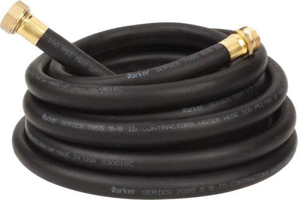 Parker - 25' Long Contractor Hose - 5/8" Diam, 3/4" GHT, Rubber, 100 psi, Black - Caliber Tooling