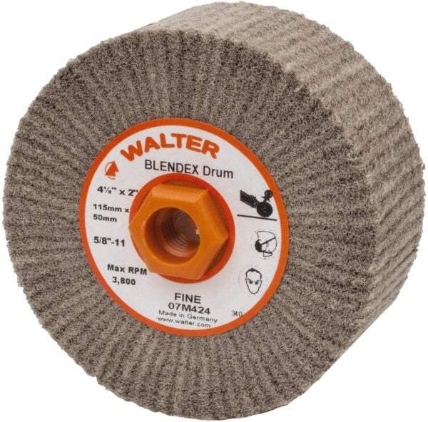 WALTER Surface Technologies - 4-1/2" Diam Aluminum Oxide Unmounted Flap Wheel - 5/8" Hole, 5/8-11 Thread, 2" Wide, Nonwoven, Fine Grade, 3,800 Max RPM - Caliber Tooling