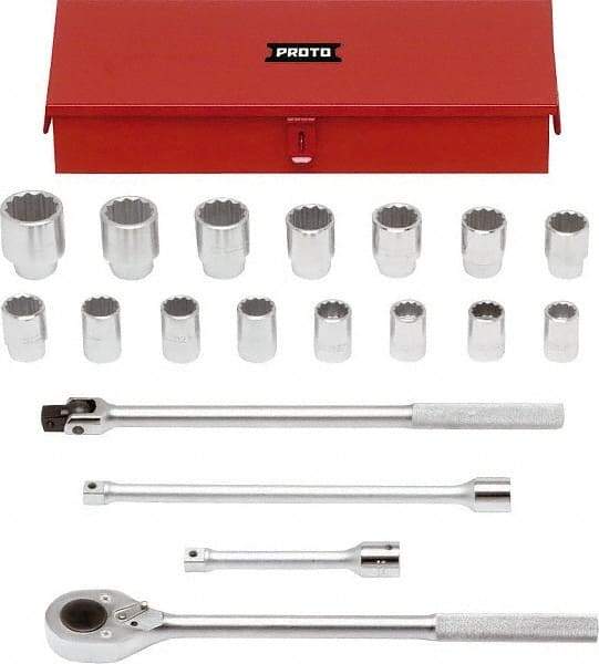 Proto - 19 Piece 3/4" Drive Chrome Finish Socket Set - 12 Points, 24mm to 46mm Range, Metric Measurement Standard - Caliber Tooling