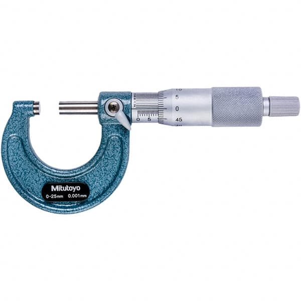 Mitutoyo - 0 to 25mm Range, 0.001mm Graduation, Mechanical Outside Micrometer - Ratchet Stop Thimble, 28mm Throat Depth, Accurate to 0.001mm - Caliber Tooling