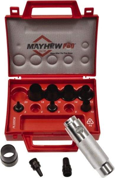 Mayhew - 11 Piece, 3 to 20mm, Hollow Punch Set - Round Shank, Alloy Steel, Comes in Plastic Case - Caliber Tooling