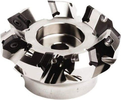 Seco - 116mm Cut Diam, 32mm Arbor Hole, 7.5mm Max Depth of Cut, 45° Indexable Chamfer & Angle Face Mill - 7 Inserts, SE.. 1505 Insert, Right Hand Cut, 7 Flutes, Through Coolant, Series QuattroMill - Caliber Tooling