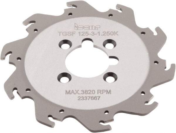 Iscar - Arbor Hole Connection, 0.118" Cutting Width, 1.36" Depth of Cut, 4.921" Cutter Diam, 1-1/4" Hole Diam, 10 Tooth Indexable Slotting Cutter - TGSF Toolholder, TAG N3\x85 Insert, Right Hand Cutting Direction - Caliber Tooling