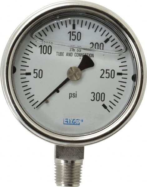 Wika - 2-1/2" Dial, 1/4 Thread, 0-300 Scale Range, Pressure Gauge - Lower Connection Mount, Accurate to 2-1-2% of Scale - Caliber Tooling