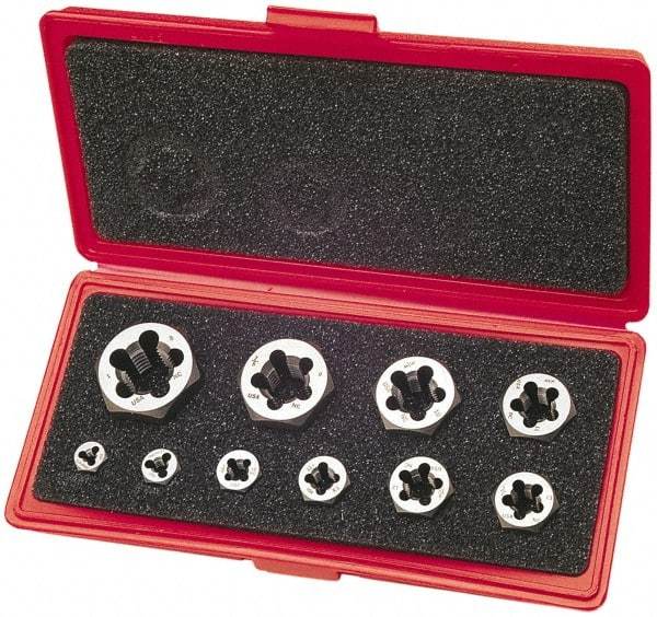 Cle-Line - 1/4-20 to 1-8 UNC, Hex Die Set - Carbon Steel, 10 Piece Set, Comes with Plastic Case - Exact Industrial Supply