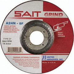 Sait - 24 Grit, 7" Wheel Diam, 1/4" Wheel Thickness, 7/8" Arbor Hole, Type 27 Depressed Center Wheel - Aluminum Oxide, Resinoid Bond, N Hardness, 8,500 Max RPM, Compatible with Angle Grinder - Caliber Tooling