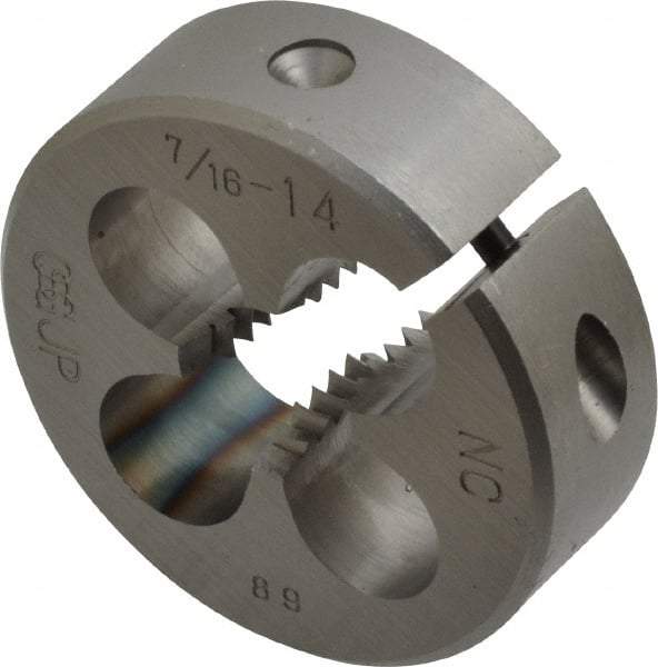 OSG - 7/16-14 UNC Thread, 1-1/2" Outside Diam High Speed Steel Round Die - 1/2" Thick, Right Hand Thread - Exact Industrial Supply