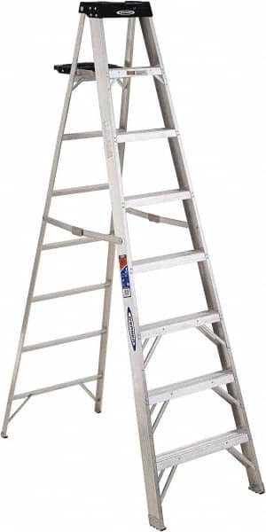 Werner - 7 Steps, 8' High, Type IA Rating, Aluminum Step Ladder - 300 Lb Capacity, 26-1/2" Base Width - Caliber Tooling