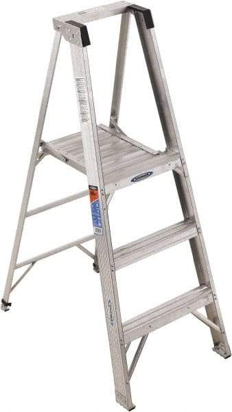 Werner - 3 Steps, 5' High, Type IA Rating, Aluminum Platform Ladder - 300 Lb Capacity, 23" Base Width - Caliber Tooling