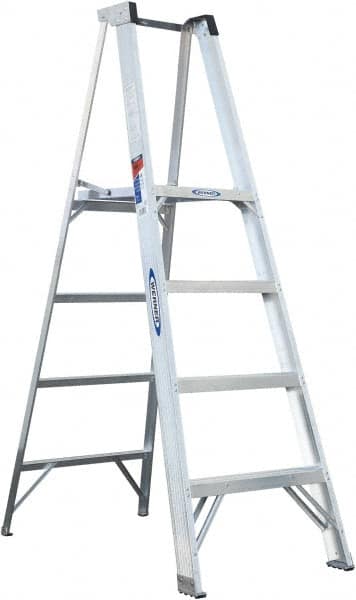 Werner - 4 Steps, 6' High, Type I Rating, Aluminum Platform Ladder - 250 Lb Capacity, 24-3/4" Base Width - Caliber Tooling