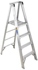 Werner - 4 Steps, 6' High, Type IAA Rating, Aluminum Platform Ladder - 375 Lb Capacity, 24-3/4" Base Width - Caliber Tooling