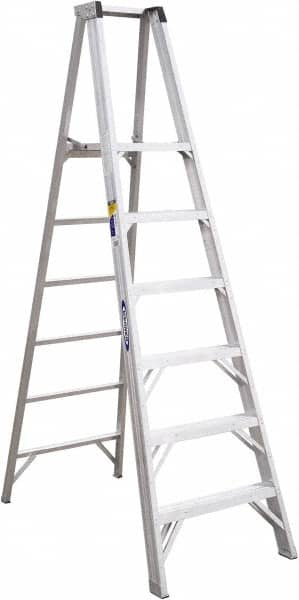 Werner - 6 Steps, 8' High, Type IAA Rating, Aluminum Platform Ladder - 375 Lb Capacity, 28-1/4" Base Width - Caliber Tooling