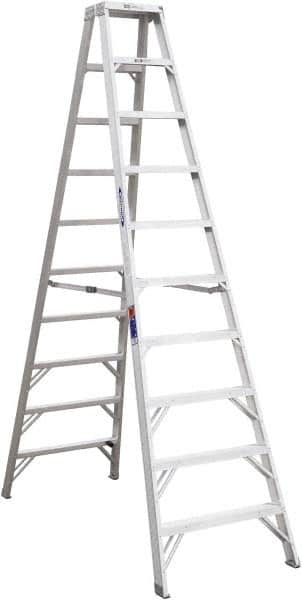 Werner - 9 Steps, 10' High, Type IA Rating, Aluminum Step Ladder - 300 Lb Capacity, 28-3/4" Base Width - Caliber Tooling