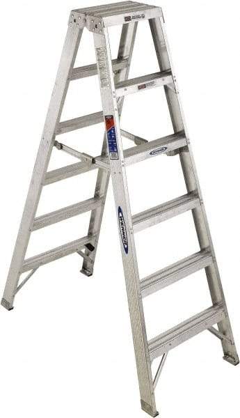 Werner - 5 Steps, 6' High, Type IA Rating, Aluminum Step Ladder - 300 Lb Capacity, 22-3/4" Base Width - Caliber Tooling