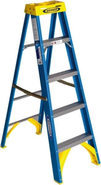 Werner - 4 Steps, 5' High, Type I Rating, Fiberglass Step Ladder - 250 Lb Capacity, 20-1/2" Base Width - Caliber Tooling