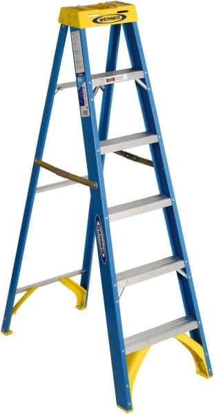 Werner - 5 Steps, 6' High, Type I Rating, Fiberglass Step Ladder - 250 Lb Capacity, 22" Base Width - Caliber Tooling