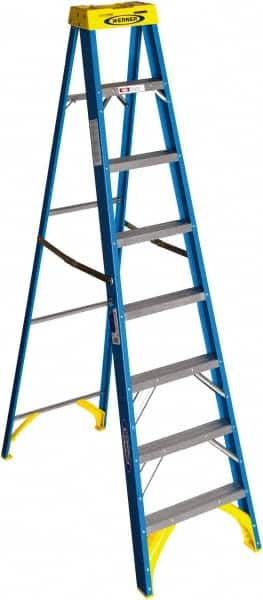 Werner - 7 Steps, 8' High, Type I Rating, Fiberglass Step Ladder - 250 Lb Capacity, 25" Base Width - Caliber Tooling