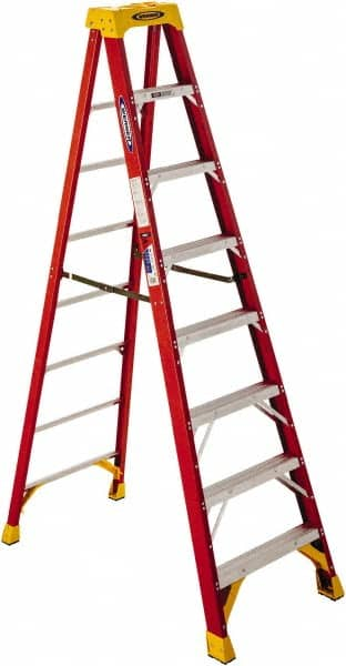 Werner - 8 Steps, 8' High, Type IA Rating, Fiberglass Step Ladder - 300 Lb Capacity, 26-7/8" Base Width - Caliber Tooling