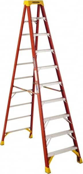 Werner - 9 Steps, 10' High, Type IA Rating, Fiberglass Step Ladder - 300 Lb Capacity, 30-3/8" Base Width - Caliber Tooling