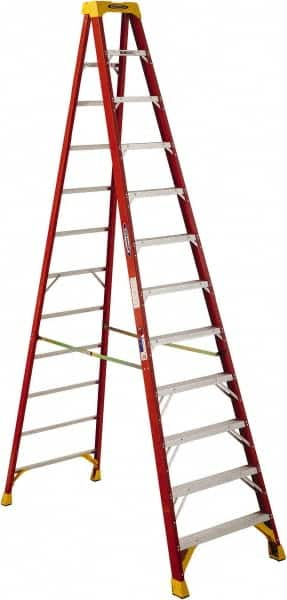 Werner - 11 Steps, 12' High, Type IA Rating, Fiberglass Step Ladder - 300 Lb Capacity, 33-7/8" Base Width - Caliber Tooling